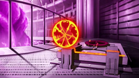A small disc of lava rotates above a metal hatch, a glowing orange line next to it indicating where the disc has melted through the metal. The hatch is inside a large metal room, which is glowing purple from a large mass bathed in purple light off to the side.